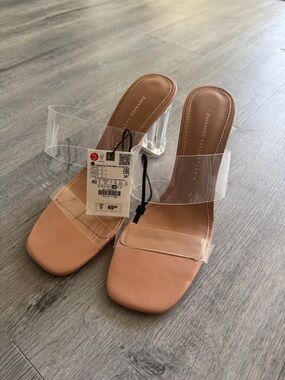 Zara Nude Clear-Strap Block Heel Slides